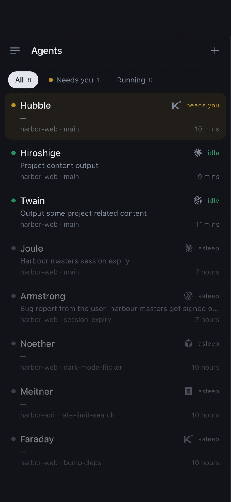 Kumo on an iPhone: the agent list, one agent waiting on you.